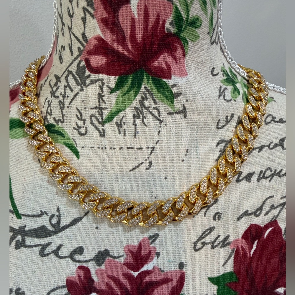 Gold-Tone Pave Cuban Link Necklace Set with bracelet - Sparkling Statement